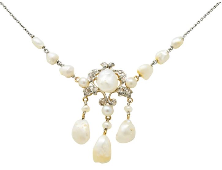 Collier de goutte de perle de dent de chien édouardien perle naturelle d'eau douce