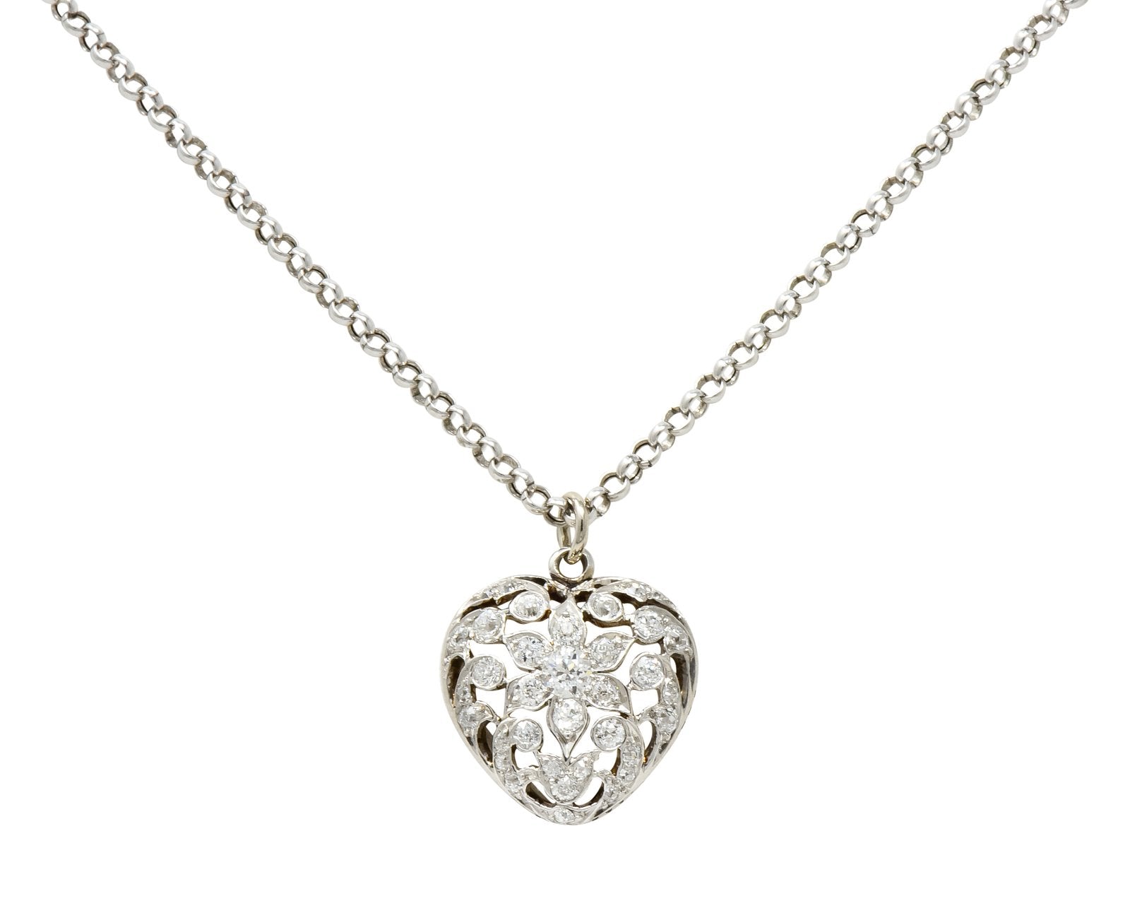 Edwardian Pave Diamond Heart Necklace Platinum 