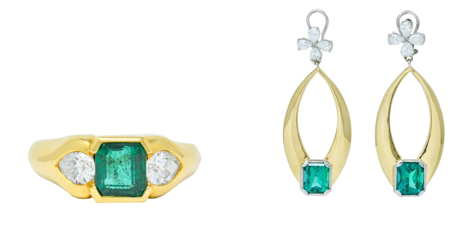 Retro Zambian Emerald Drop Earrings Vintage Emerald Three Stone Ring