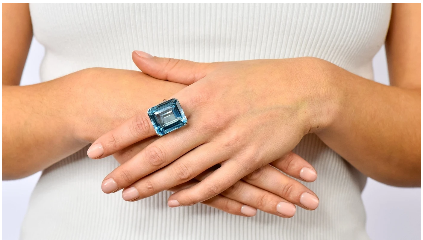 Emerald Cut Basket Set Aquamarine Platinum Retro Cocktail Ring Antique Gemstone Jewelry