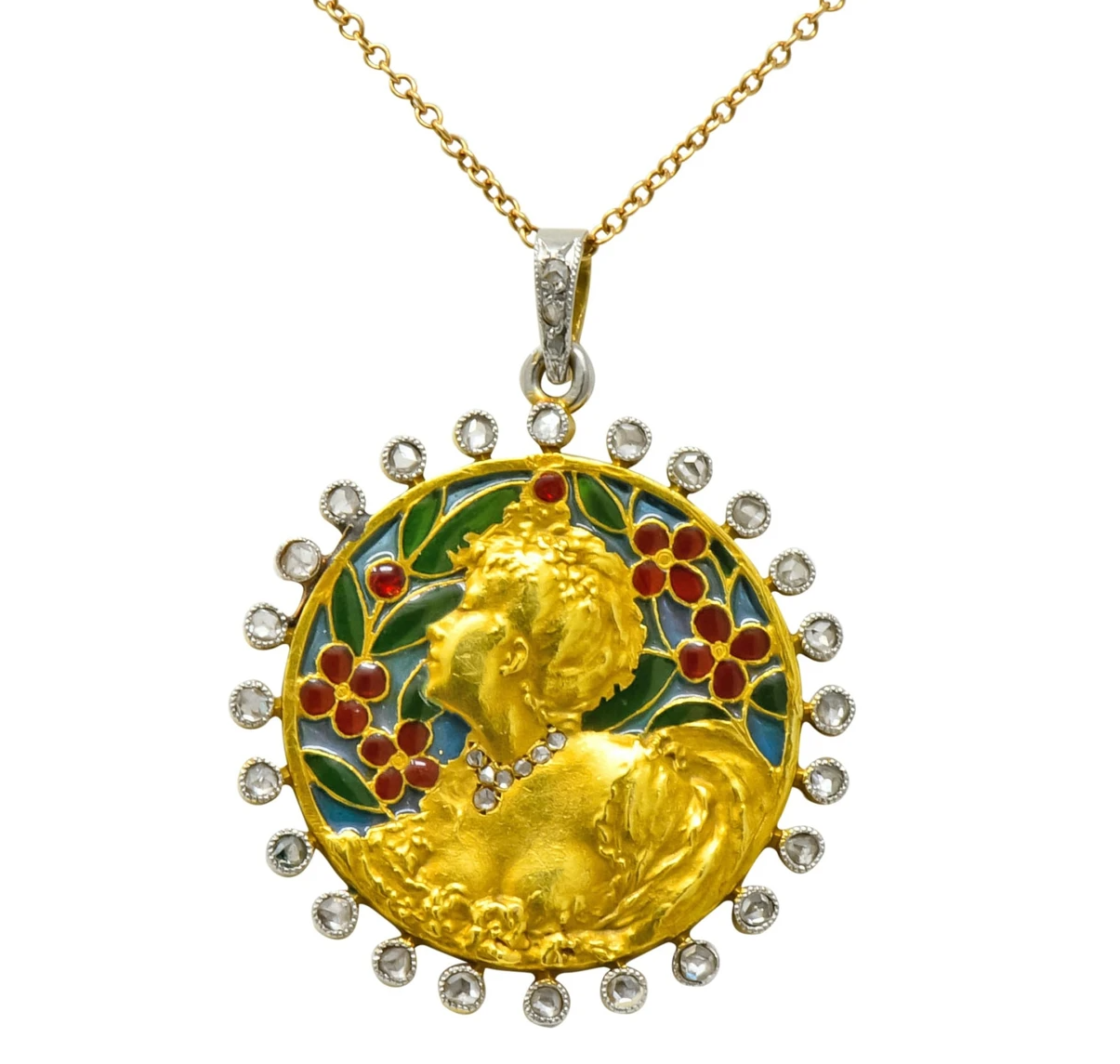 Plique-a-jour French Enamel Impressionist Pendant Necklace Antique Jewelry