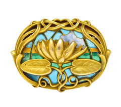 Riker Brothers Art Nouveau Enamel 14 Karat Gold Lotus Lilypad Brooch