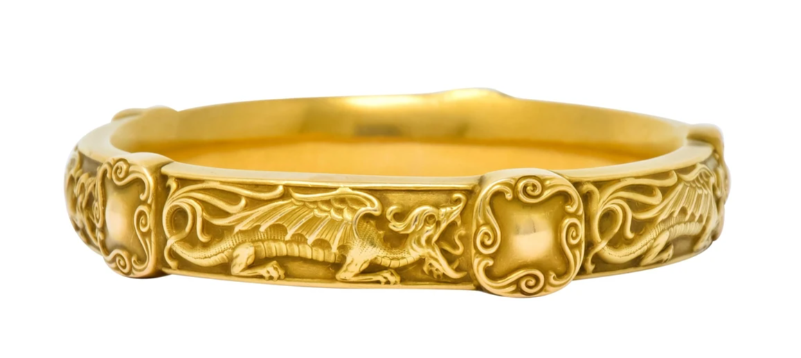Riker Brother Art Nouveau Dragon Gold Bangle Bracelet Antique American Made Jewelry