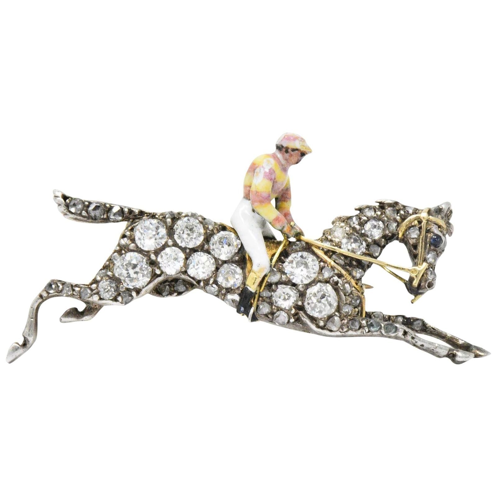Victorian Pave Diamond Silver-Topped Horse Jockey Antique Brooch