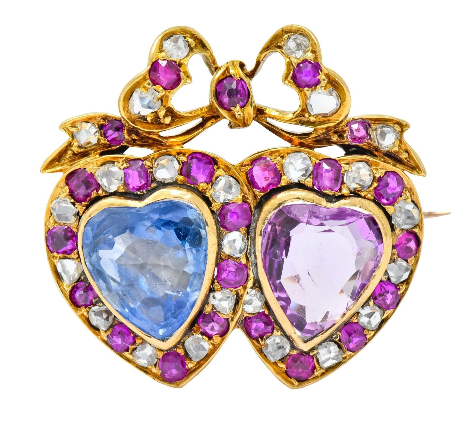 Broche Victorienne Double Coeur Saphir Rubis Diamant Coeur Halo