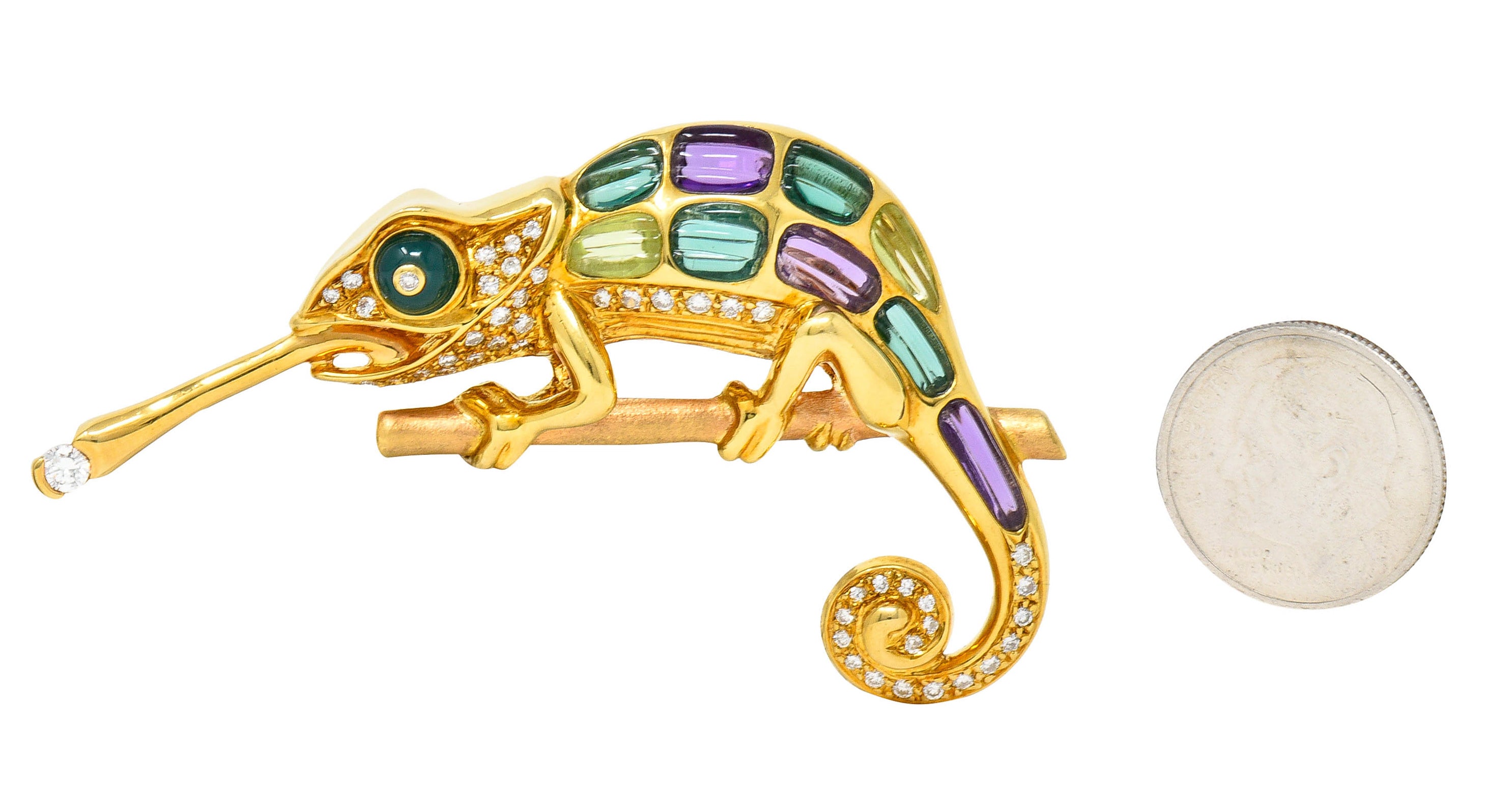 Vintage Diamond Multi-Gem 18 Karat Gold Carved Stone Chameleon Brooch