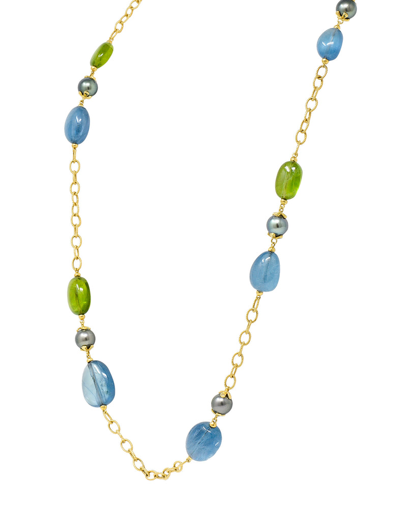 Goshwara Aquamarine Peridot Tahitian Pearl 18 Karat Gold Long Chain ...