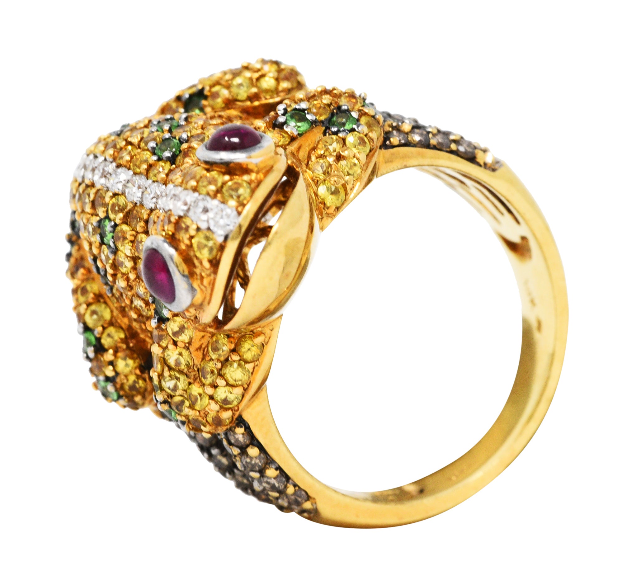 Contemporary 5.54 CTW Diamond Sapphire Tsavorite Ruby 18 Karat Gold Frog Ring