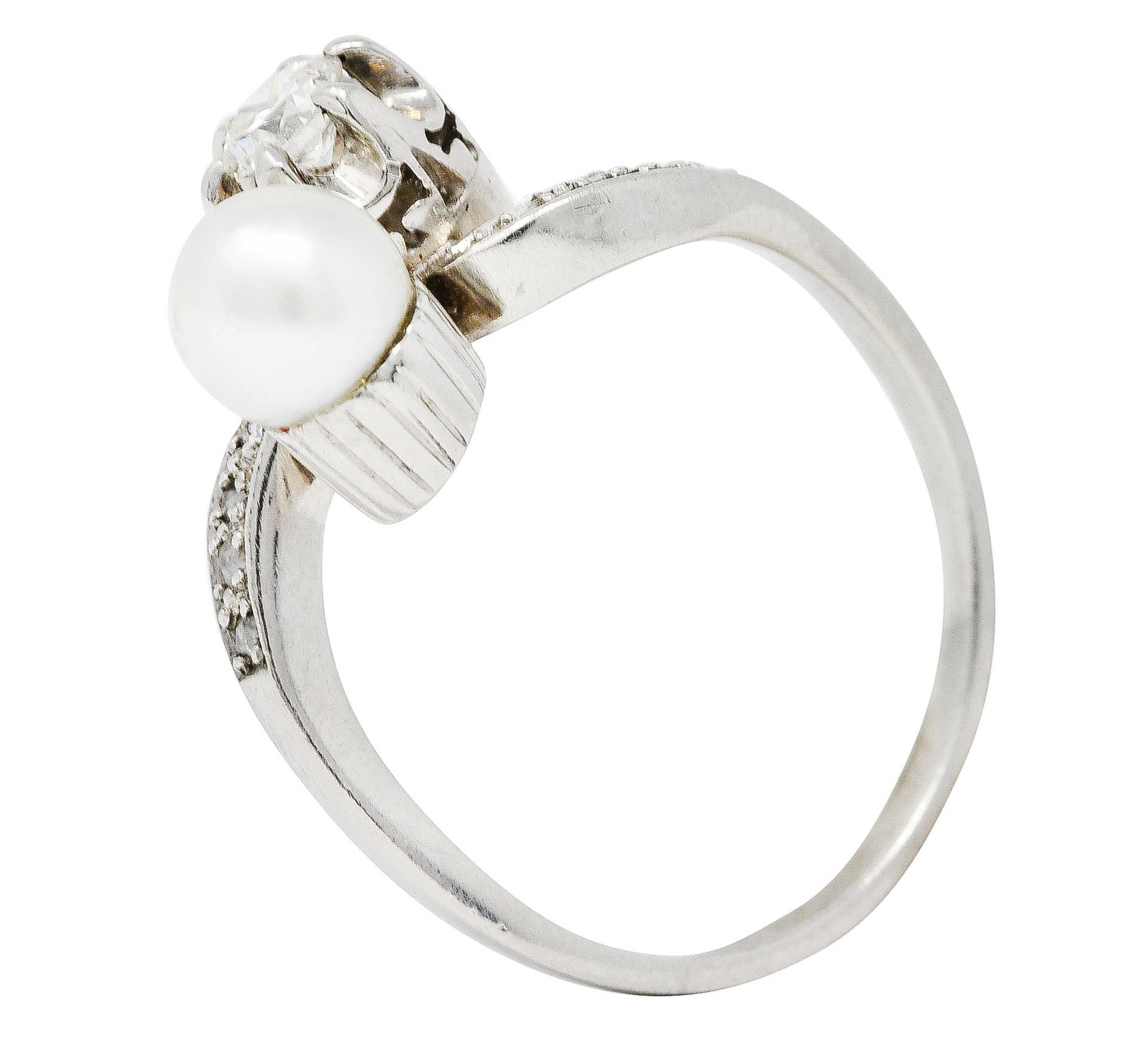 1920's Art Deco Diamond Pearl Platinum Toi Et Moi Bypass Ring