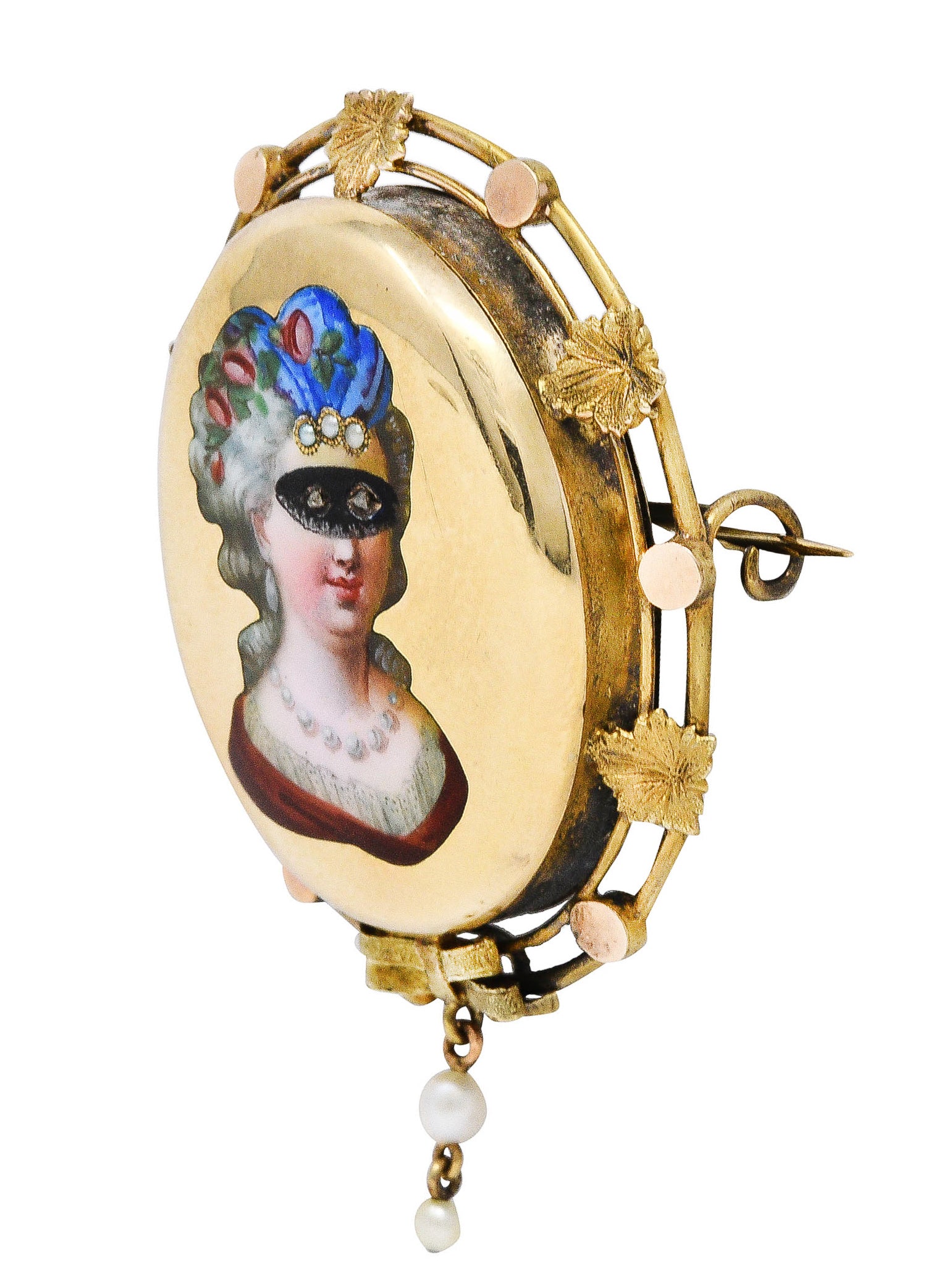 1860's Victorian Enamel Diamond Pearl 14 Karat Gold Masquerade Brooch