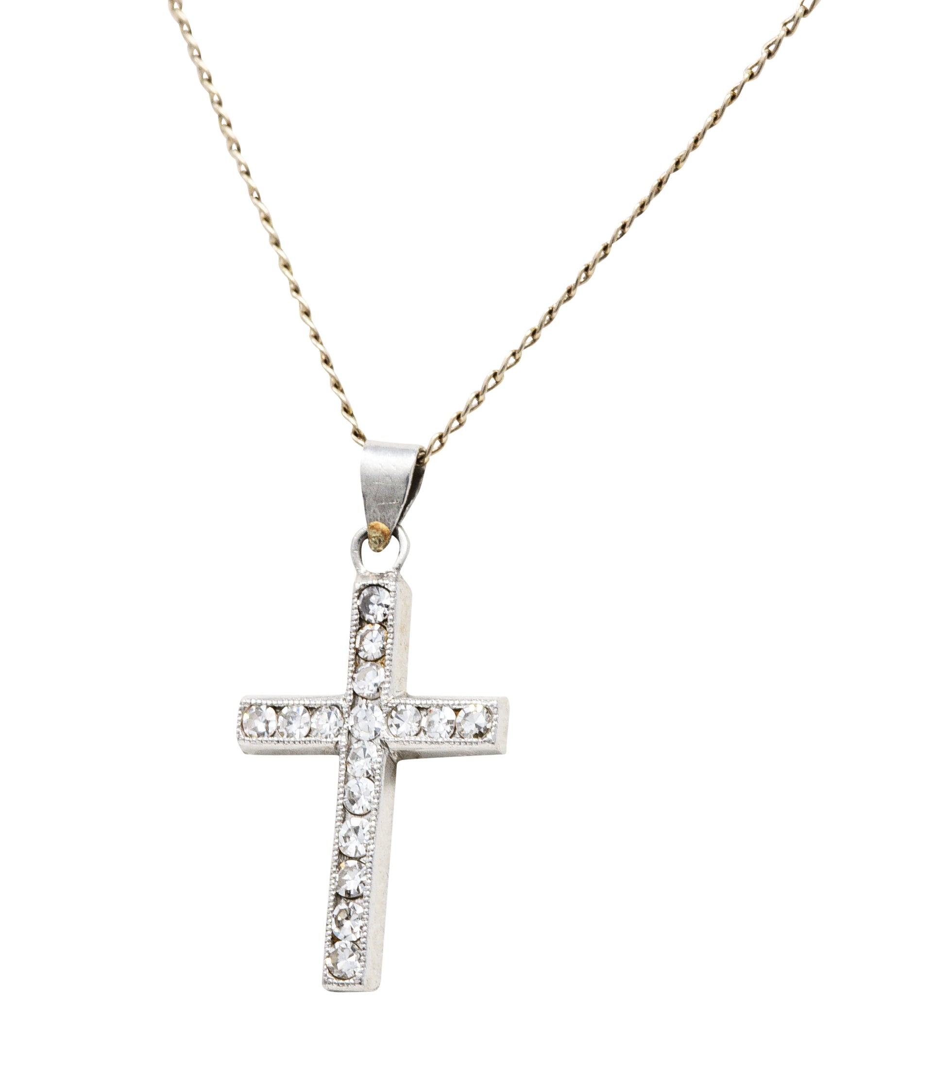 Edwardian Diamond Platinum Cross Pendant 14 Karat White Gold Necklace