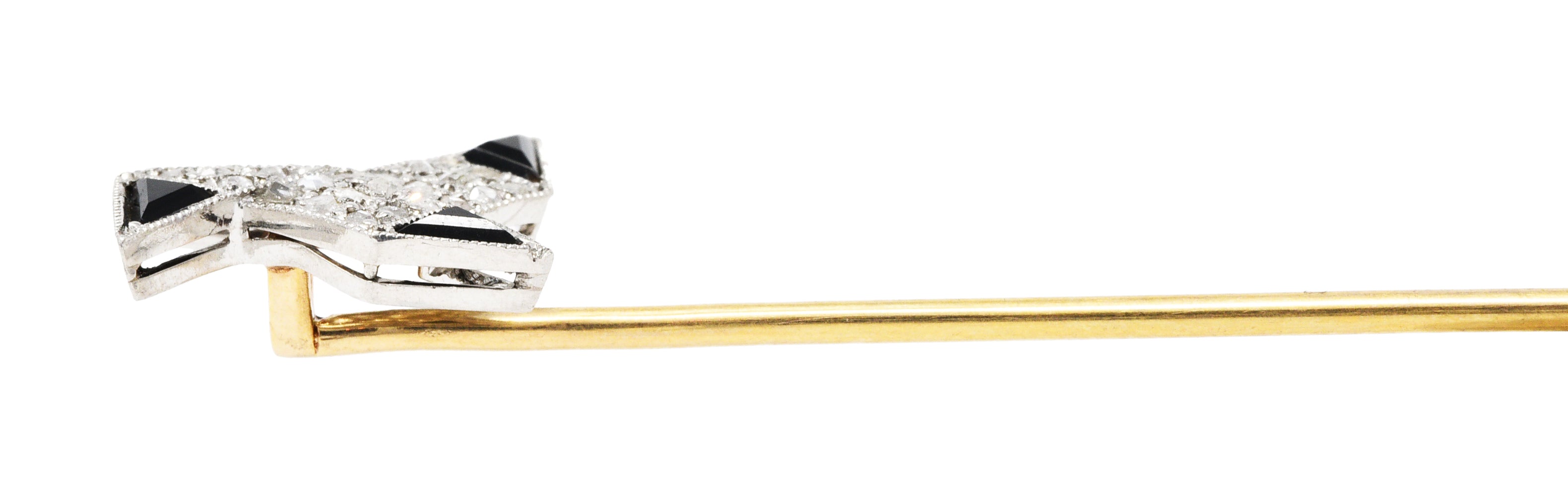 Art Deco Diamond Onyx Platinum 18 Karat Gold Origami Bird Stickpin