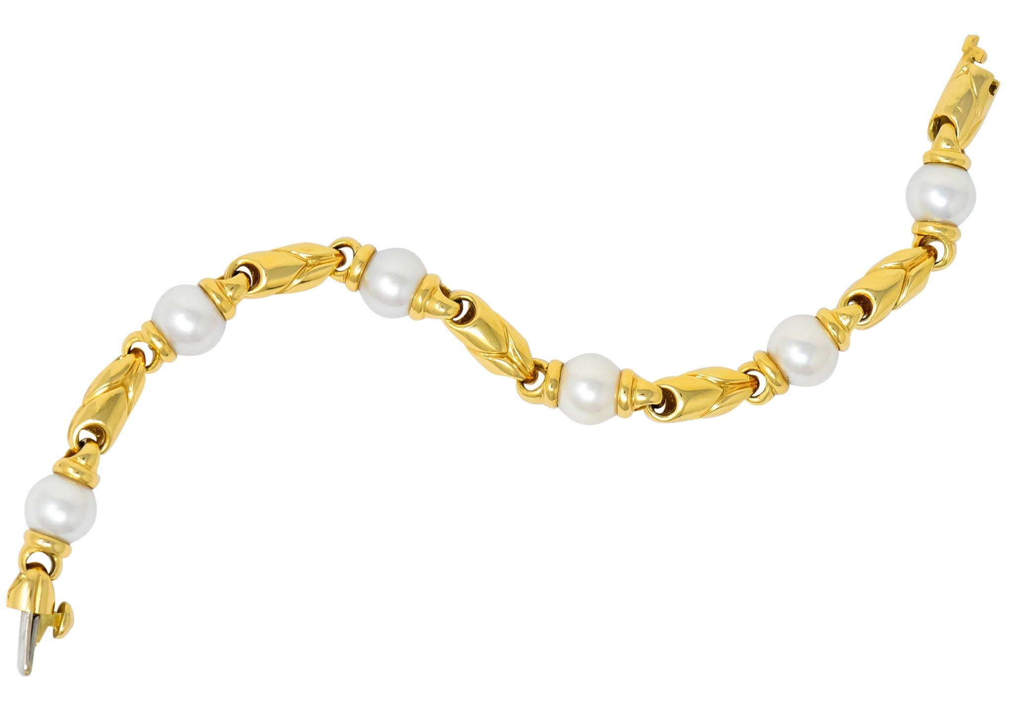 bulgari 1980 cultured pearl 18 karat gold link bracelet wilsons estate jewelry jewellery fashion accessory gemstone bead necklace metal 699