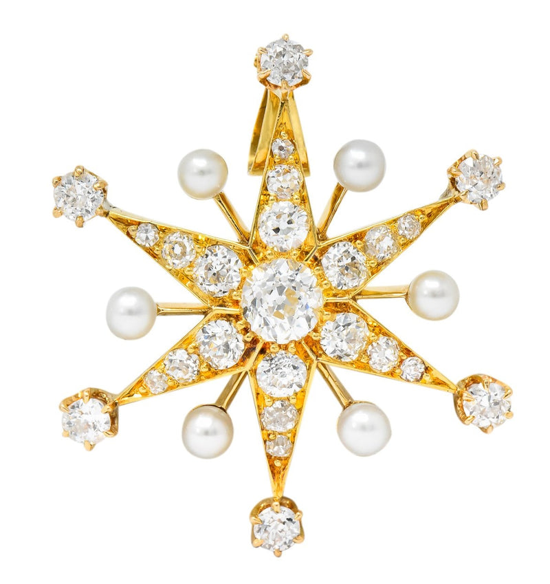 Victorian 1.95 CTW Diamond Pearl 14 Karat Gold Star Sunburst Pendant ...