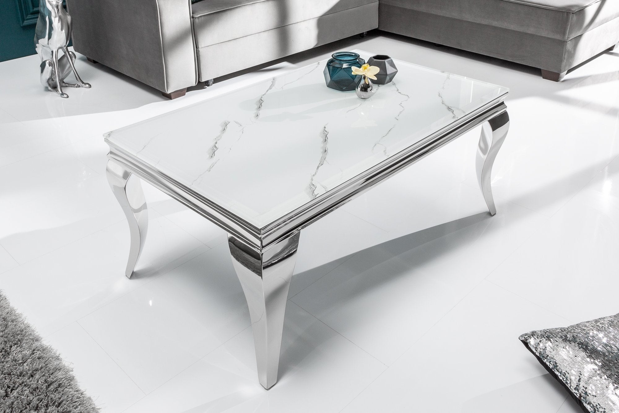 Invicta modern barock fehér üveg márványmintás dohányzóasztal 100x60x45