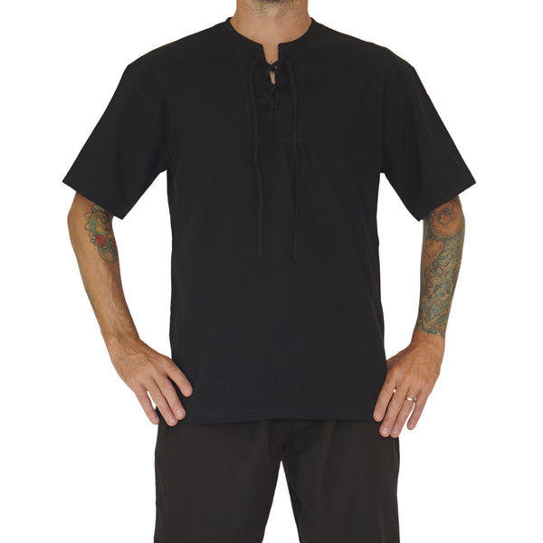 'Round Collar' Renaissance Festival Shirt, Short Sleeves - Black
