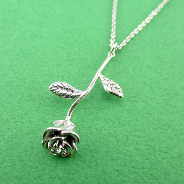 3D Realistic Floral Miniature Rose Shaped Pendant Necklace in Silver ...