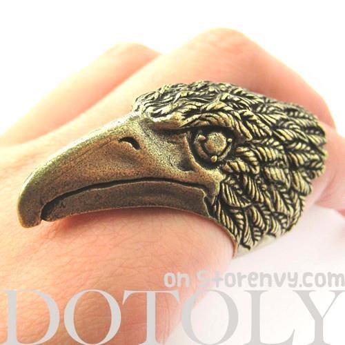 Large Adjustable Eagle Hawk Animal Ring With Feather Details in Brass ...