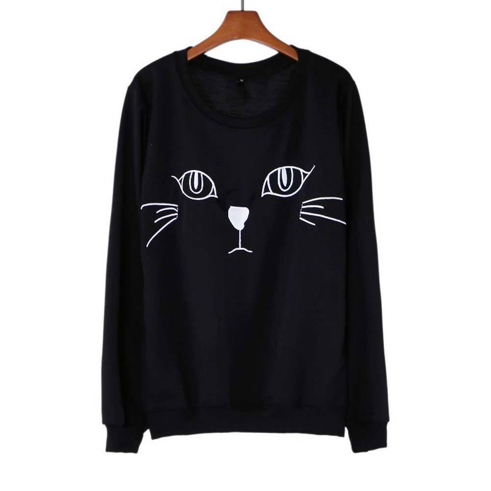Kitty Cat Face Long Sleeve Pullover Sweatshirt Black Sweater for Women ...