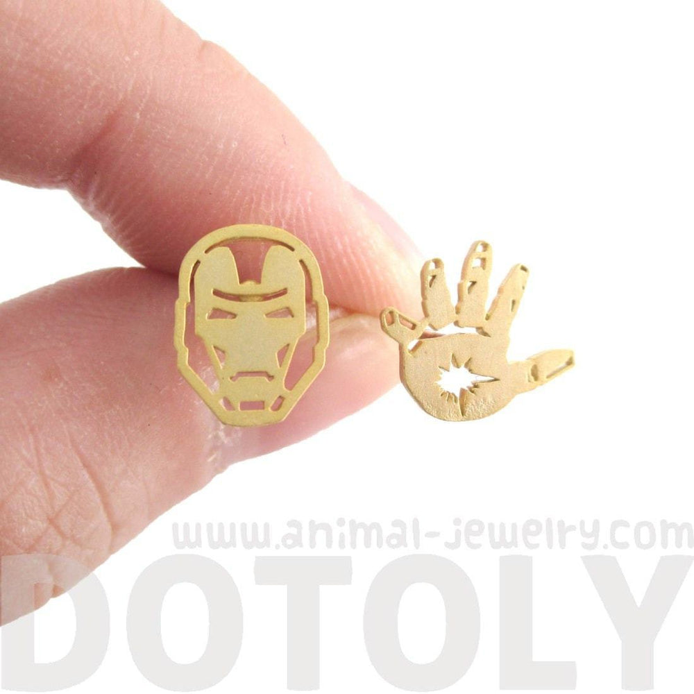 Iron Man Mask And Glove Shaped Stud Earrings In Gold Dotoly