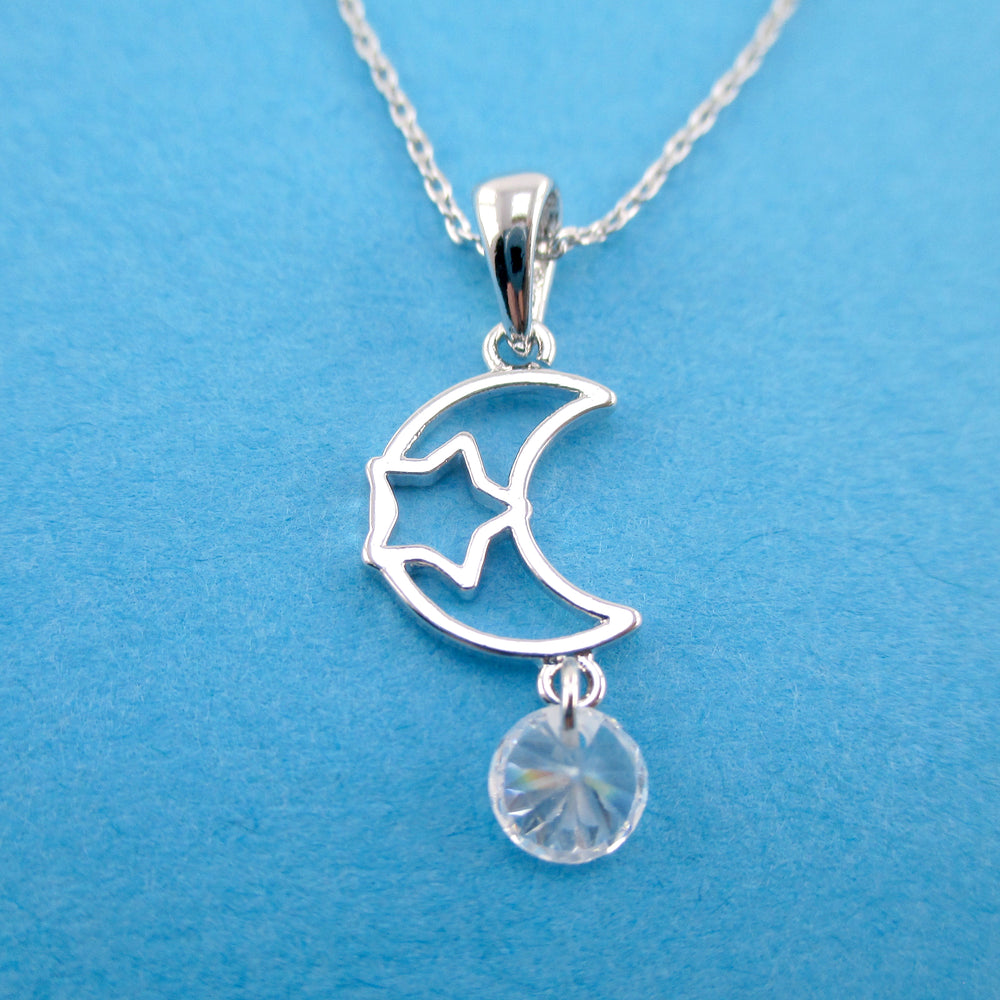 Pretty Crescent Moon & Star Outline Shaped Celestial Pendant Necklace ...