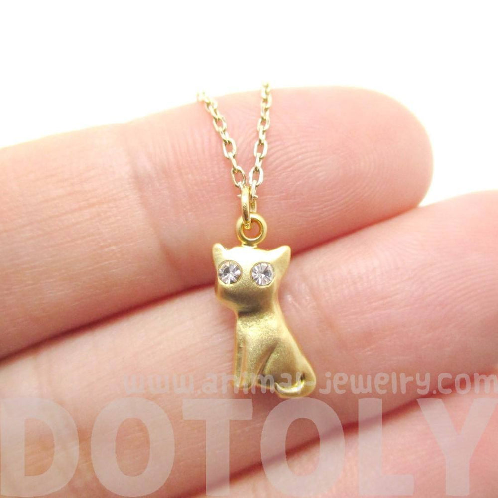 Kitty Cat Shaped Charm Necklace in Gold with Rhinestone – DOTOLY