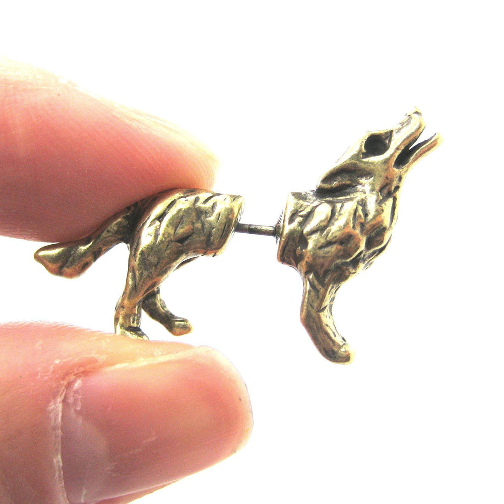 Fake Gauges: Wolf Fox Animal Shaped Stud Earrings in Brass | Dotoly ...