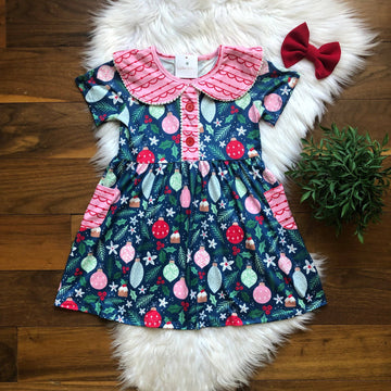 Kids Pink Ornament Collared Dress