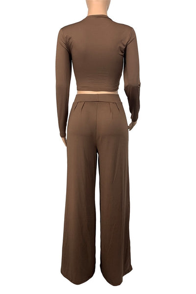 Women's  Solid Color Crop Top with Ruched Wide Leg Pants Sets