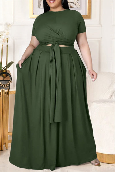 Women's  Plus Size XL-5XL Bandage Front Crop Top with Ruched Skirts Sets