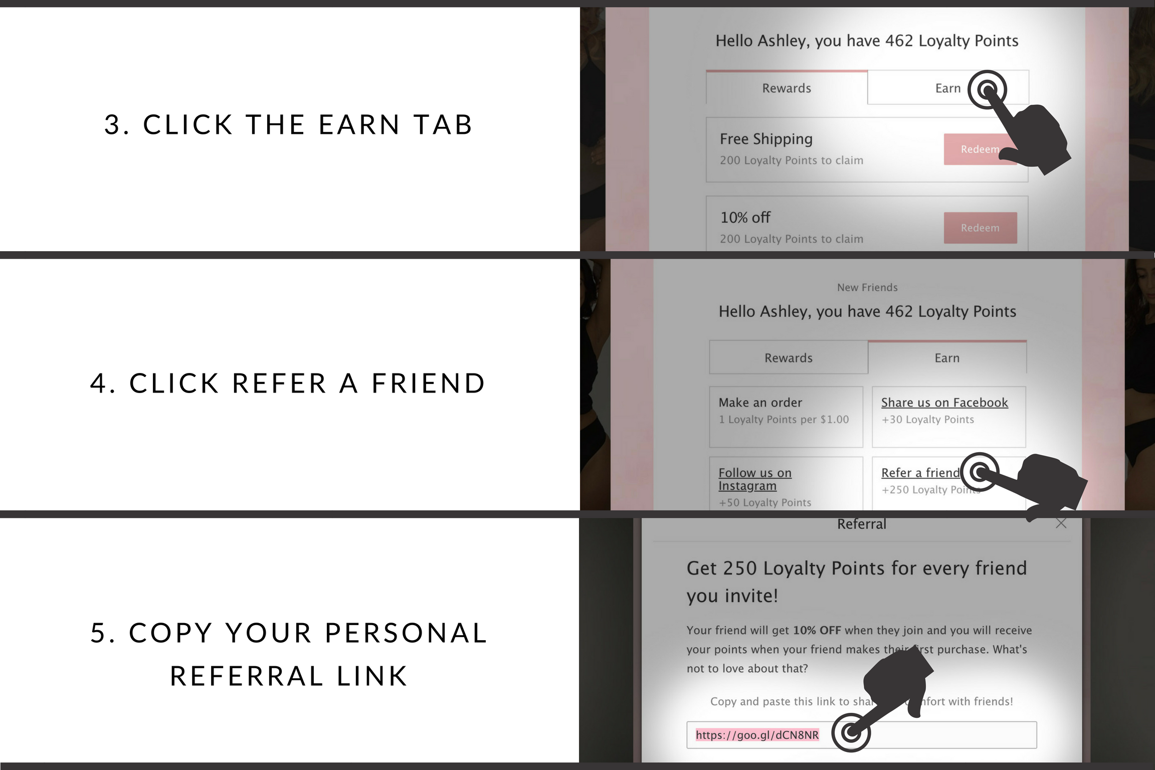 3. Click the earn tab 4. click refer a friend 5. copy your personal referral link