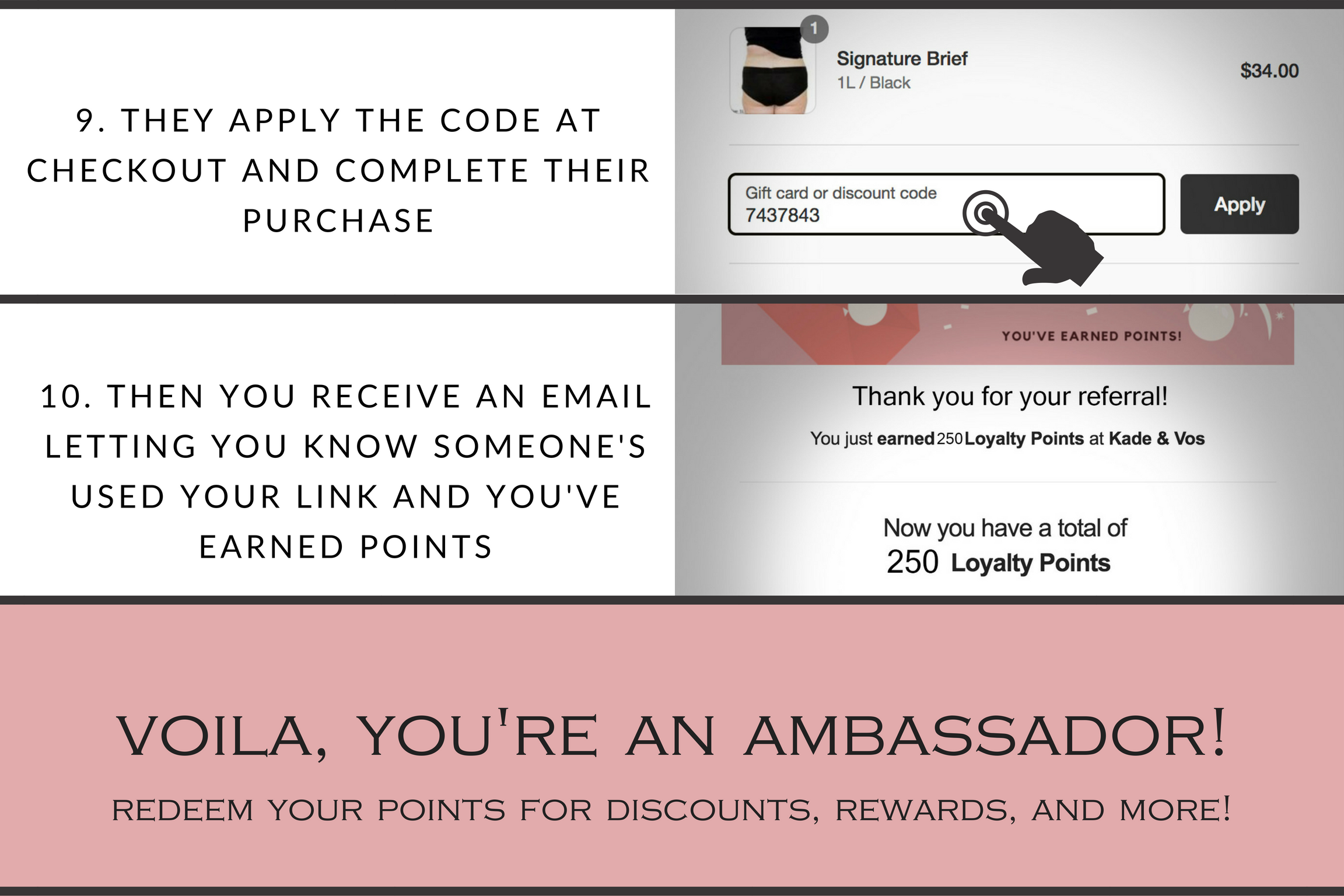 9. They apply the code at checkout and complete their purchase 10. then you receive an email letting you know someone used your link and you've earned points. Voila! You're an ambassador. Redeem your points for discounts, rewards, and more!