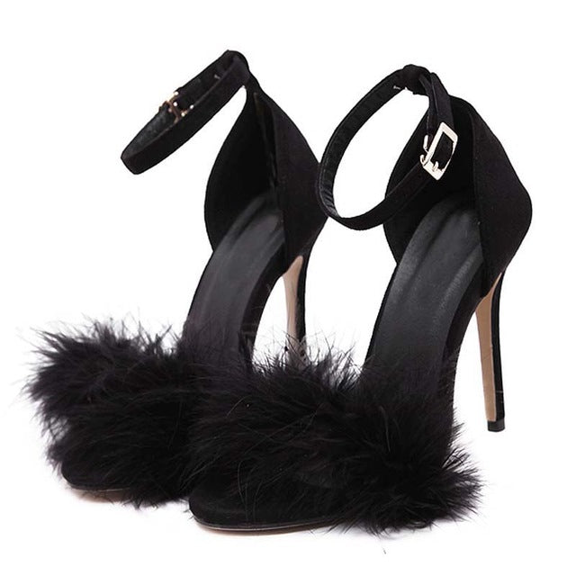 black fuzzy heels