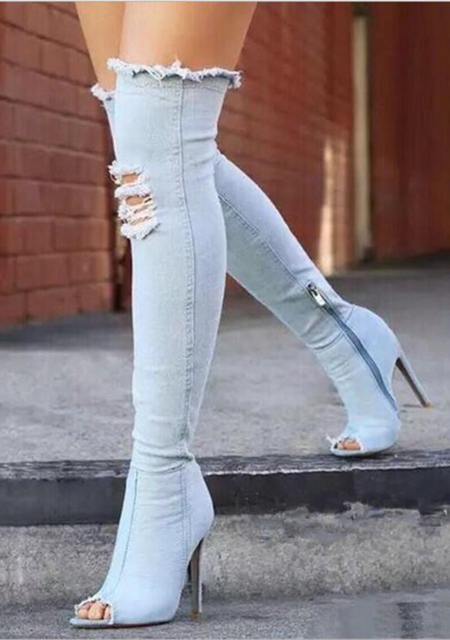 blue jeans thigh high boots
