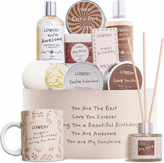 Birthday Gift Basket - Bath and Spa Gift Set for Women - Luxury Birthday Spa Gift Box with Vit E- Rich Bath Essentials, Diffuser, Candle, Sterling