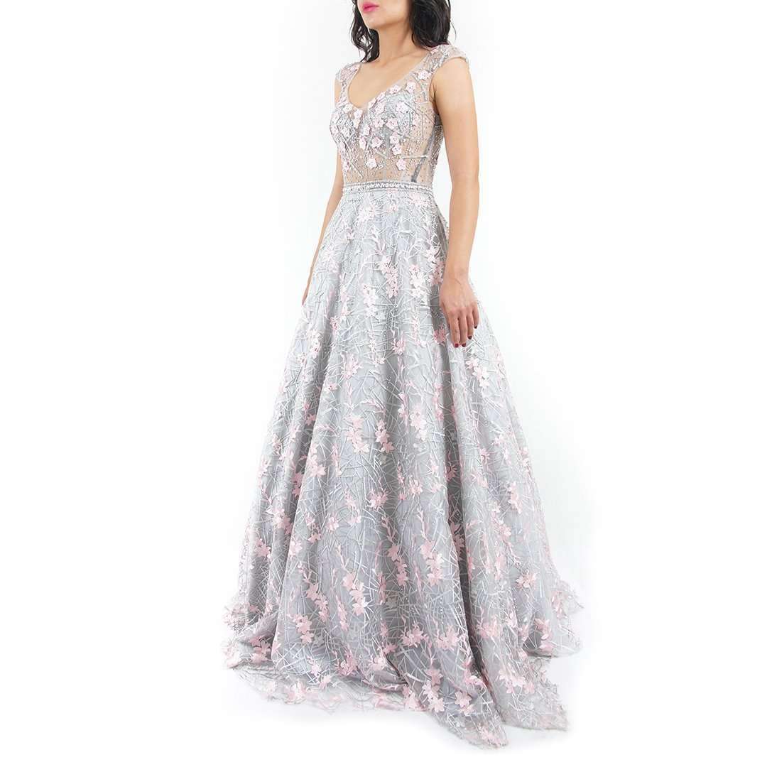 floral applique evening dress