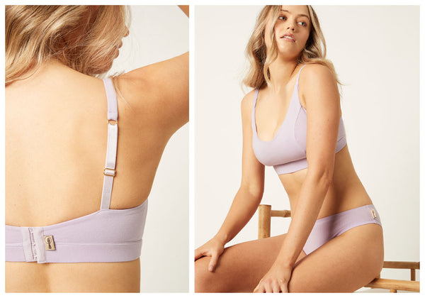 organic cotton crop bralette in lavender, model showing back and front view