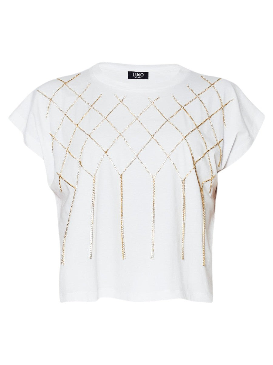 Image of Elegante T-shirt con Ricami Gioiello in Cotone Stretch