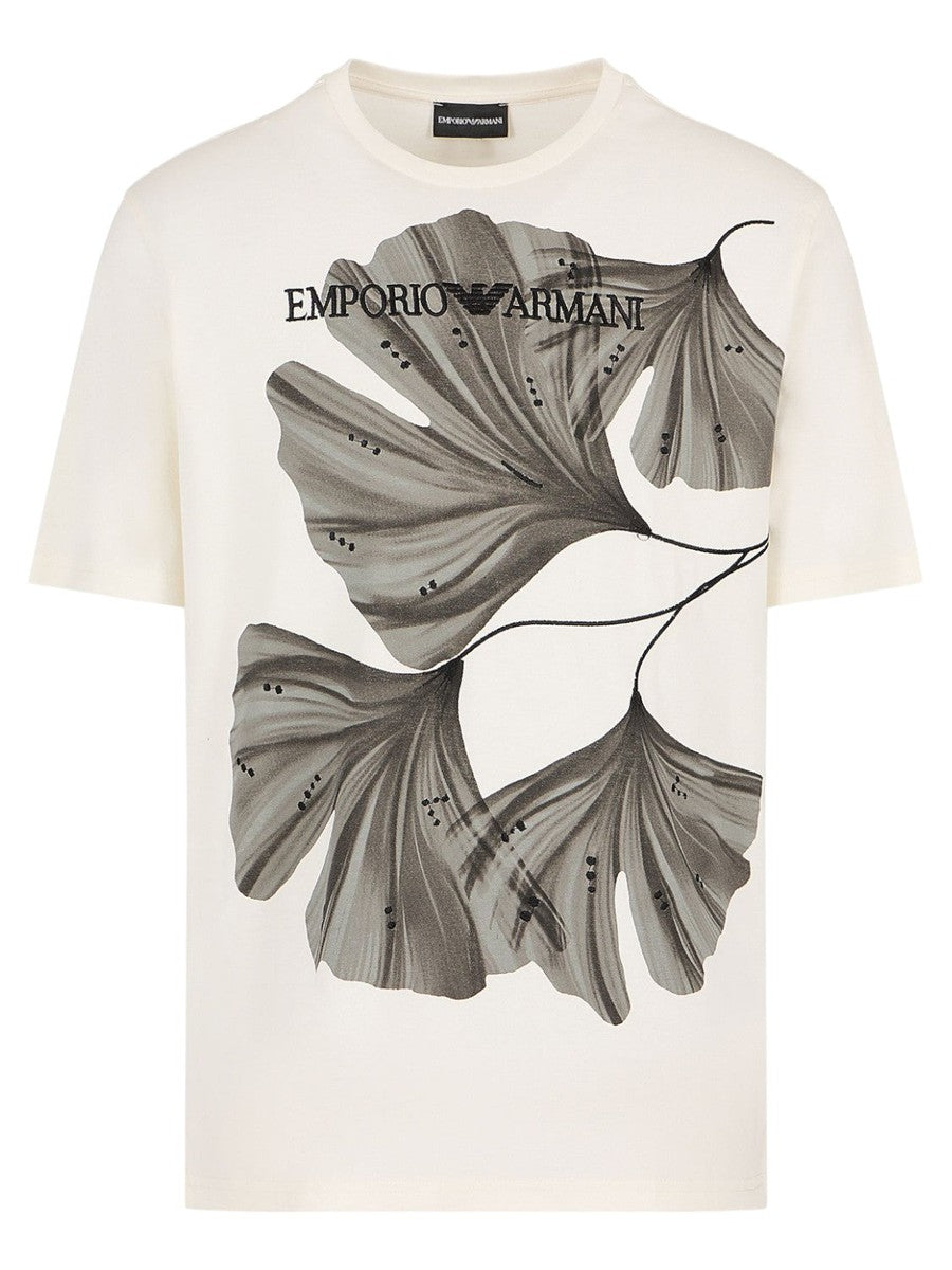 Image of T-shirt in jersey con stampa e ricamo fiore stilizzato