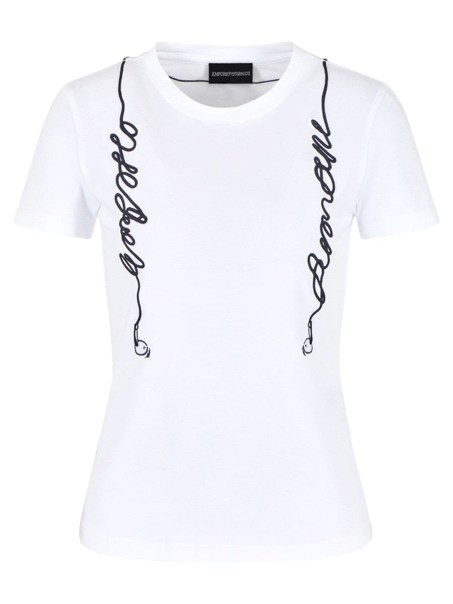 Image of T-shirt in Jersey Organico con Ricamo Logo Effetto Auricolari