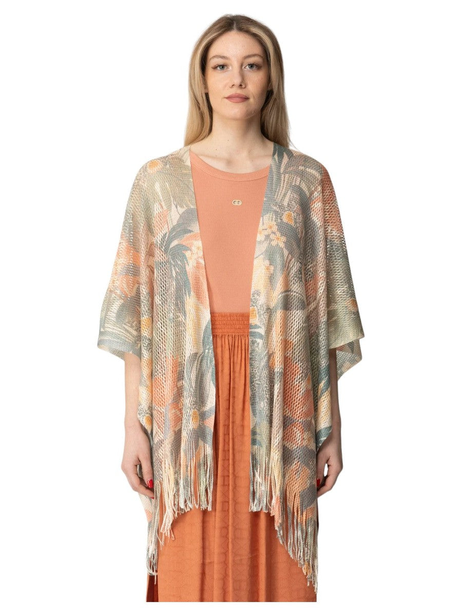 Image of Kimono Twinset Effetto Rete con Stampa Floreale e Frange