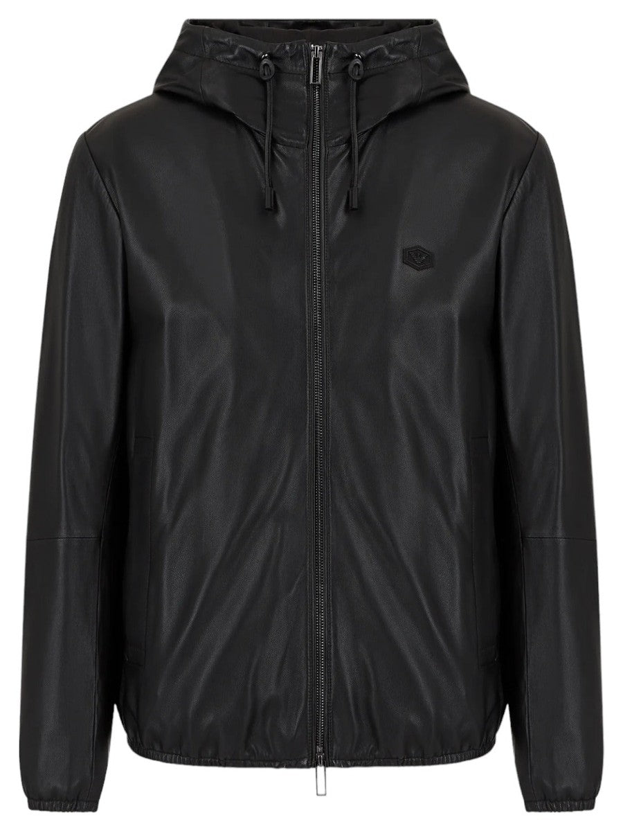 Image of Blouson full zip con cappuccio in nappa di agnello semianilina