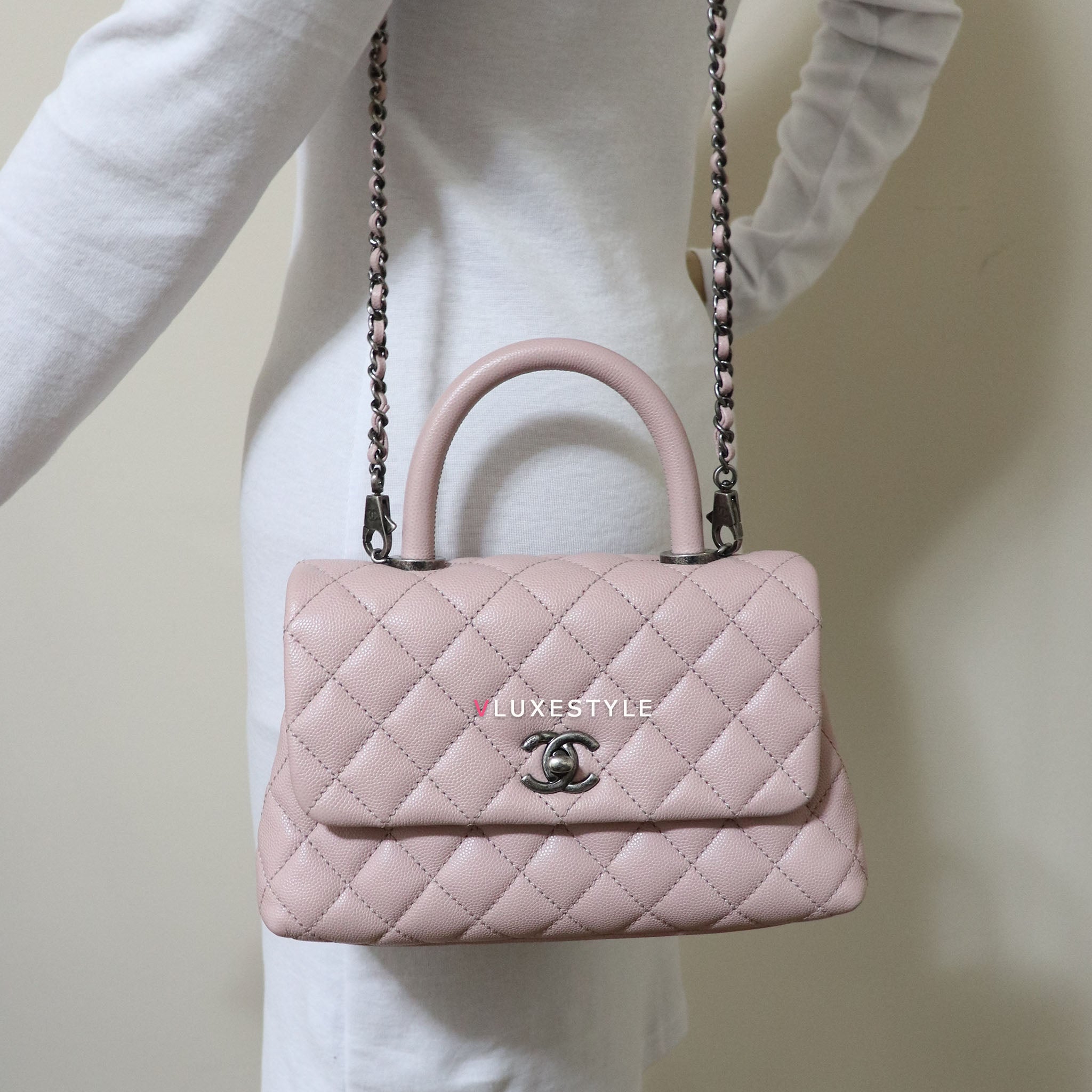 Chanel 17c Mini Coco Handle Sakura Pink Quilted Caviar With Ruthenium Vluxestyle