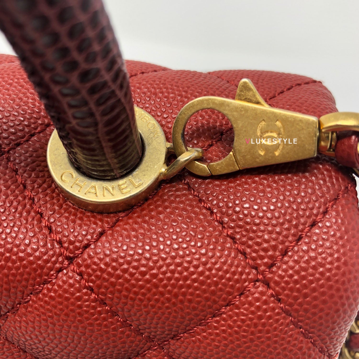 Chanel Mini Coco Red Quilted Caviar With Lizard Handle And Aged Gold H Vluxestyle