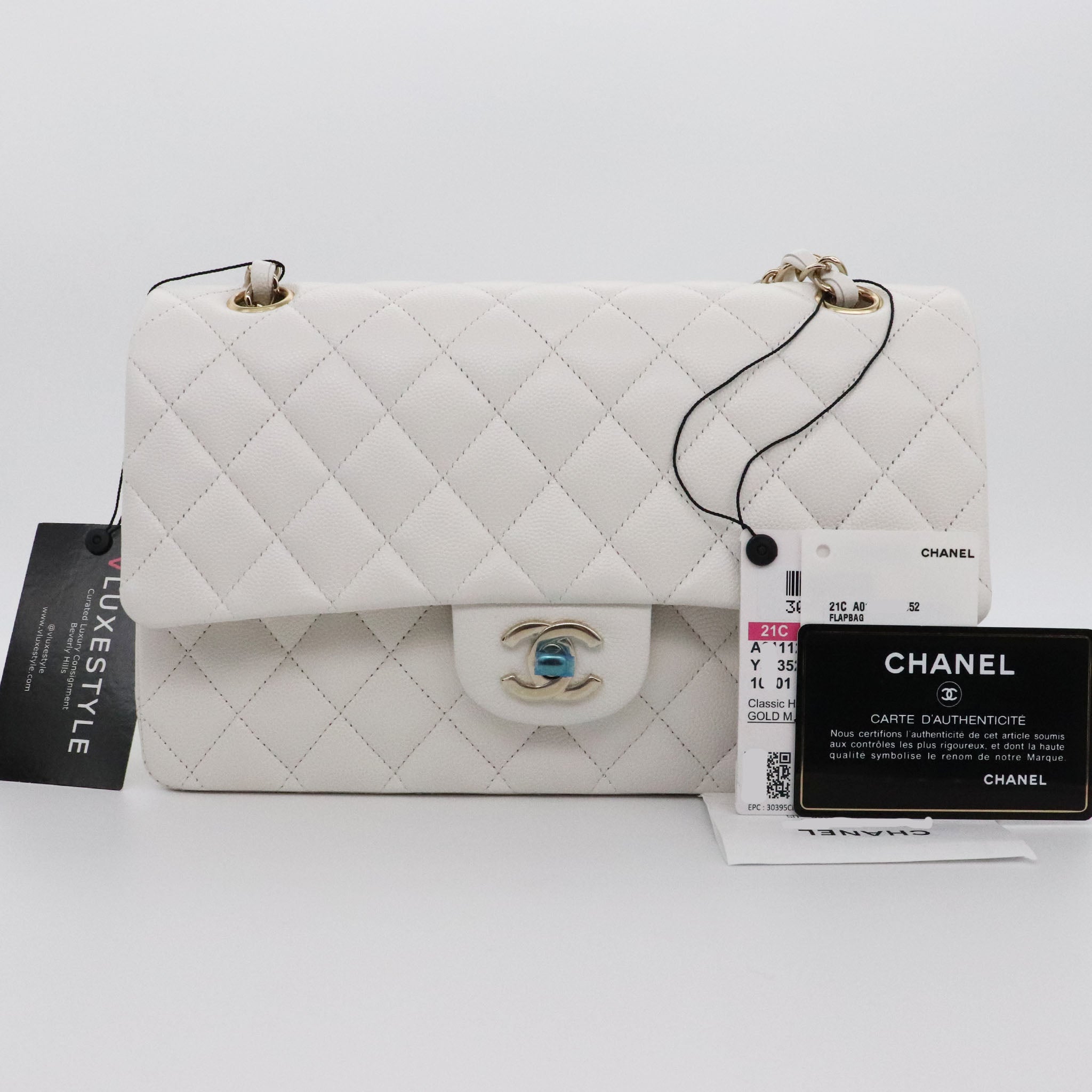 Chanel Classic Medium Double Flap 21c White Quilted Caviar With Light Vluxestyle