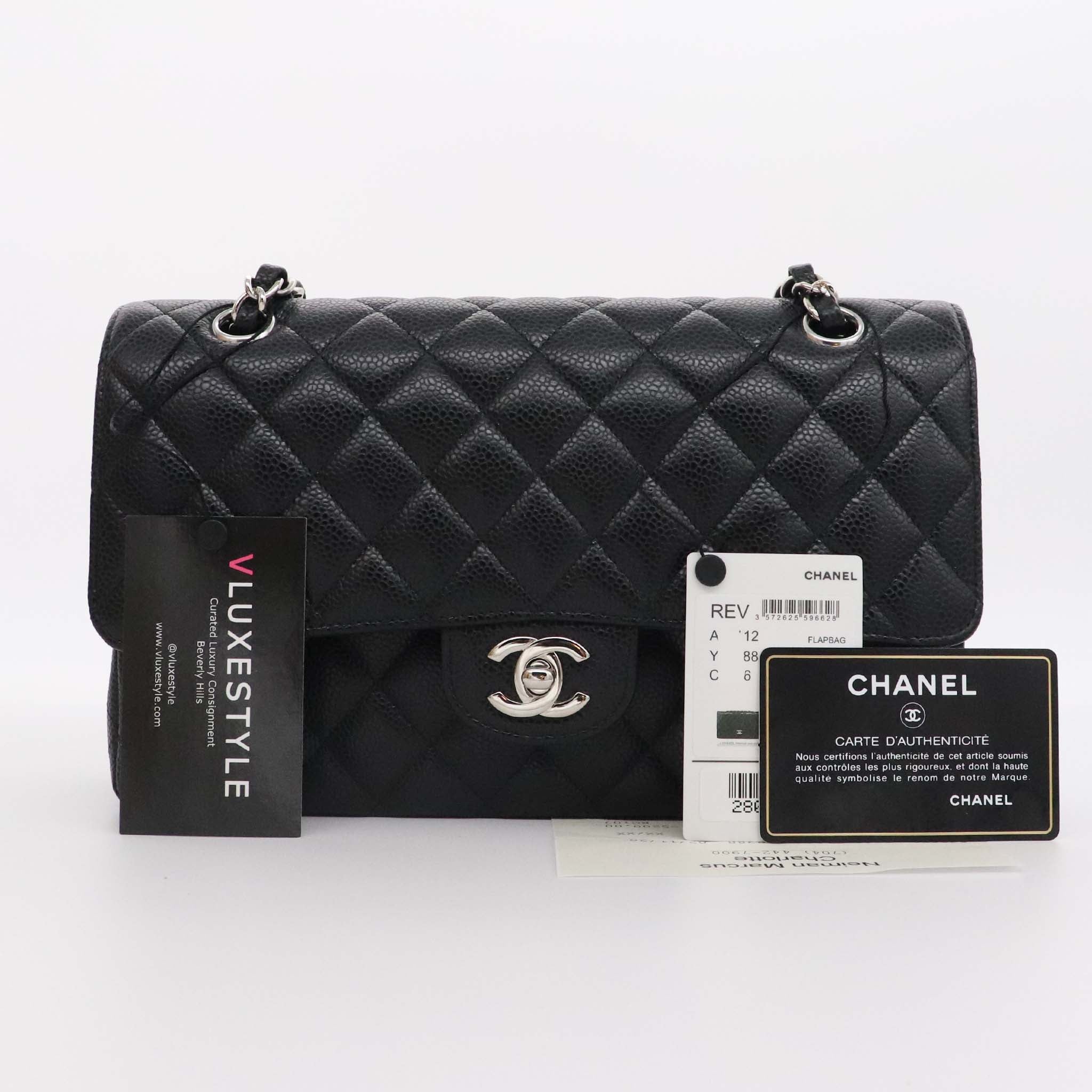 Chanel Classic Medium Double Flap Black Quilted Caviar With Silver Har Vluxestyle