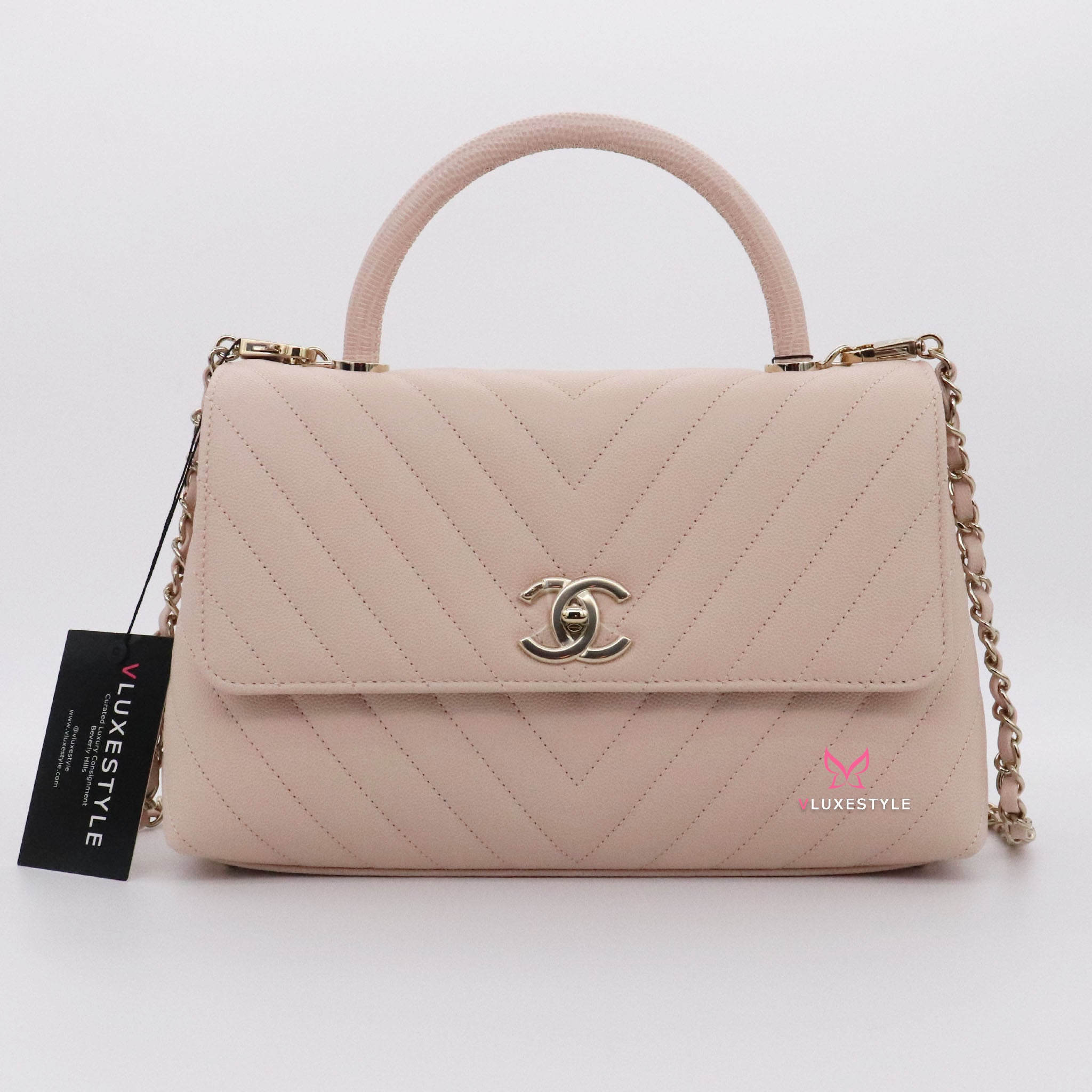 Chanel Coco Handle a Beige Pink Chevron Caviar With Shiny Light Gold Vluxestyle