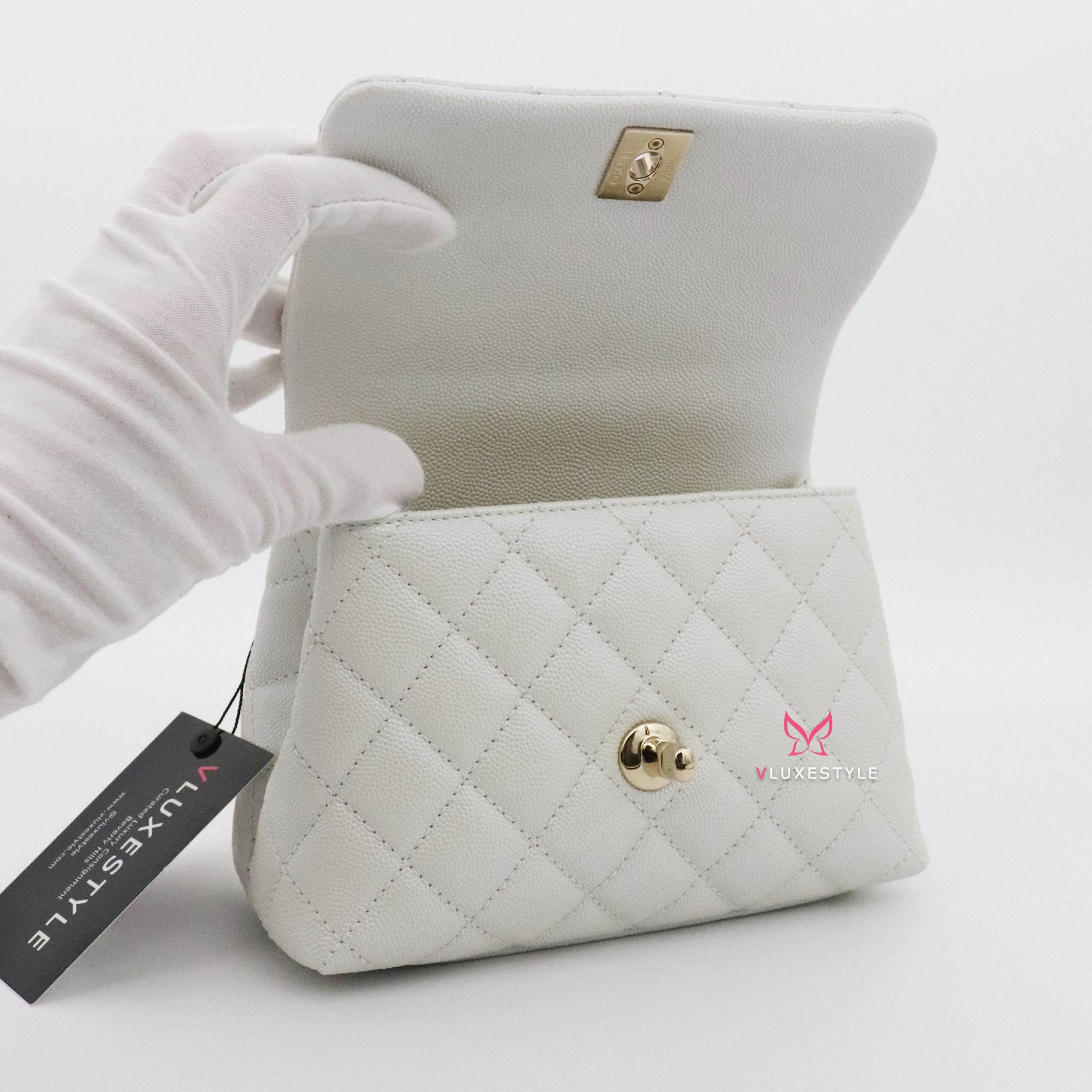 Chanel Extra Mini Coco Handle k Iridescent White Quilted Caviar With Vluxestyle