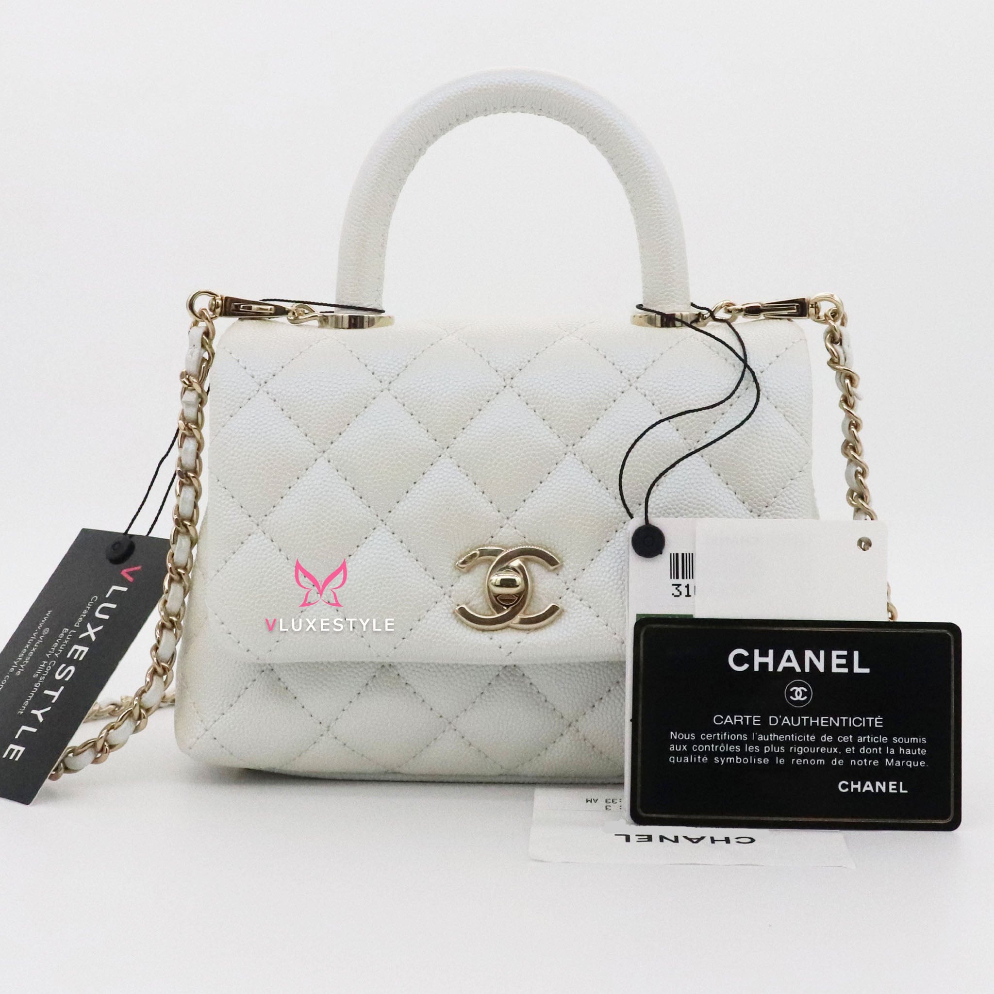 Chanel Extra Mini Coco Handle k Iridescent White Quilted Caviar With Vluxestyle