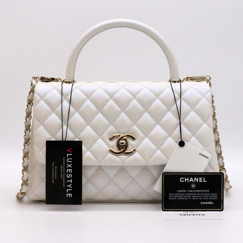 Chanel Coco Handle k Iridescent White Quilted Caviar With Shiny Ligh Vluxestyle